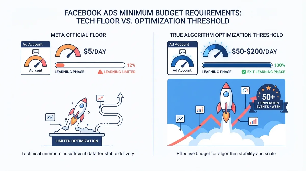 Comparison of Meta official technical minimum budget versus true algorithm optimization threshold to exit learning limited status