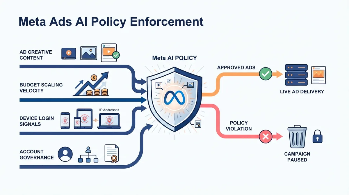 Meta AI automated policy enforcement multi-signal inspection system evaluating creative content, scaling velocity, login signals, and governance