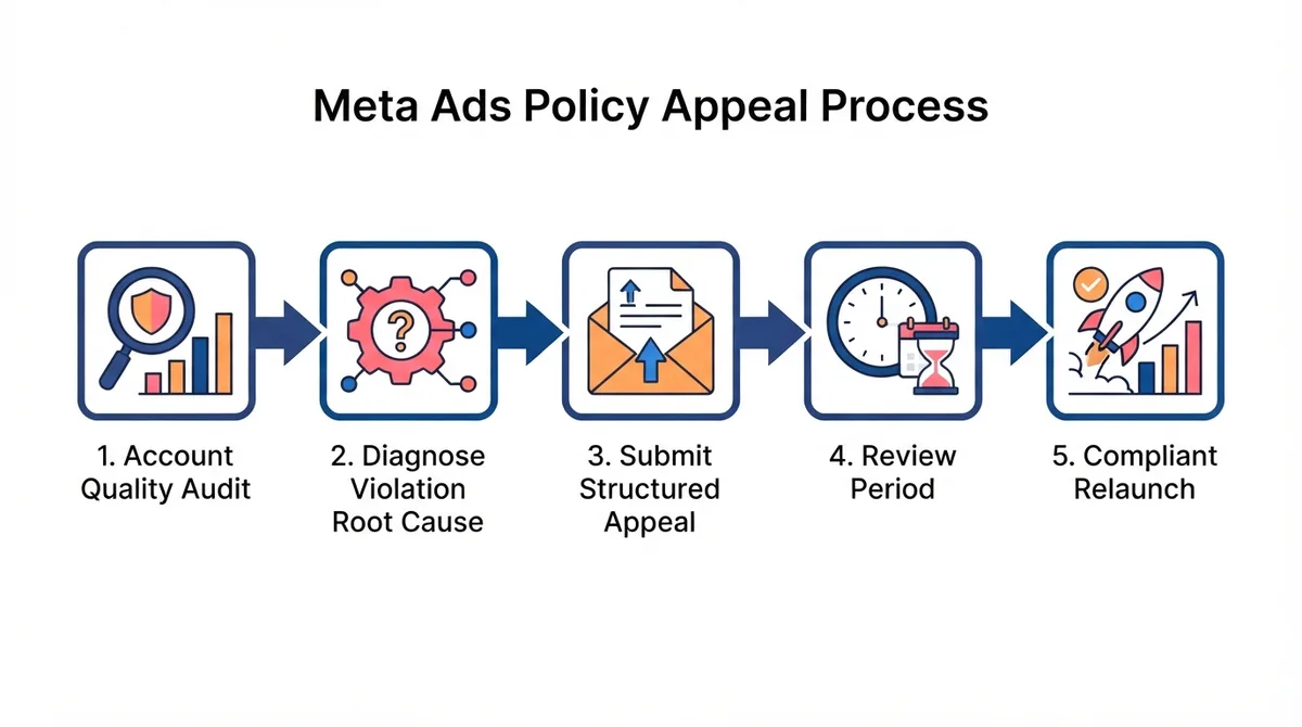 Five-step process for appealing Meta advertising policy rejections from account quality audit to compliant relaunch