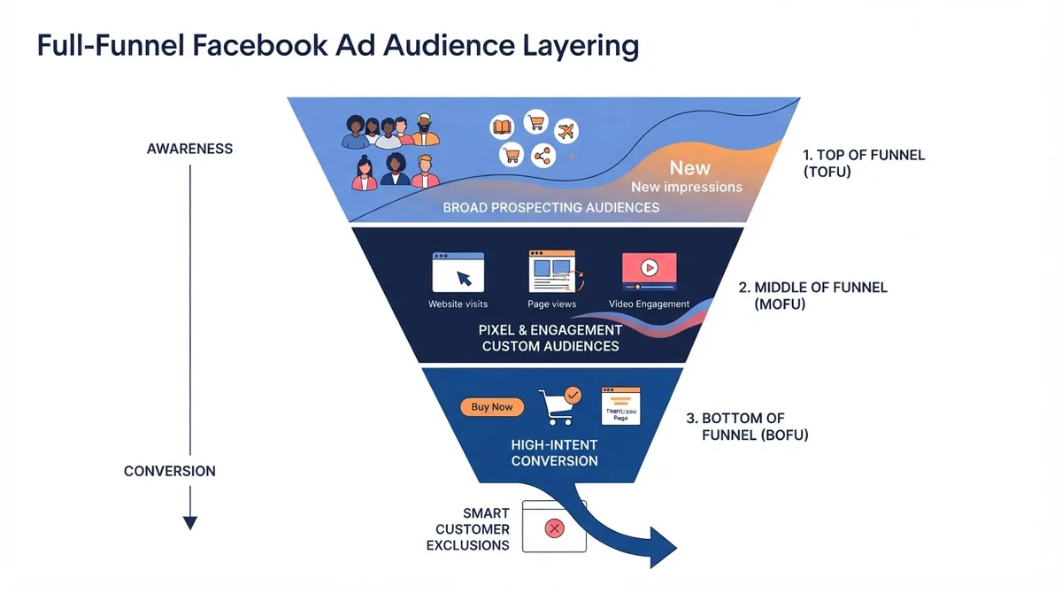 Full-funnel Facebook ad audience layering across top of funnel prospecting, middle of funnel custom audiences, and bottom of funnel conversions with smart exclusions