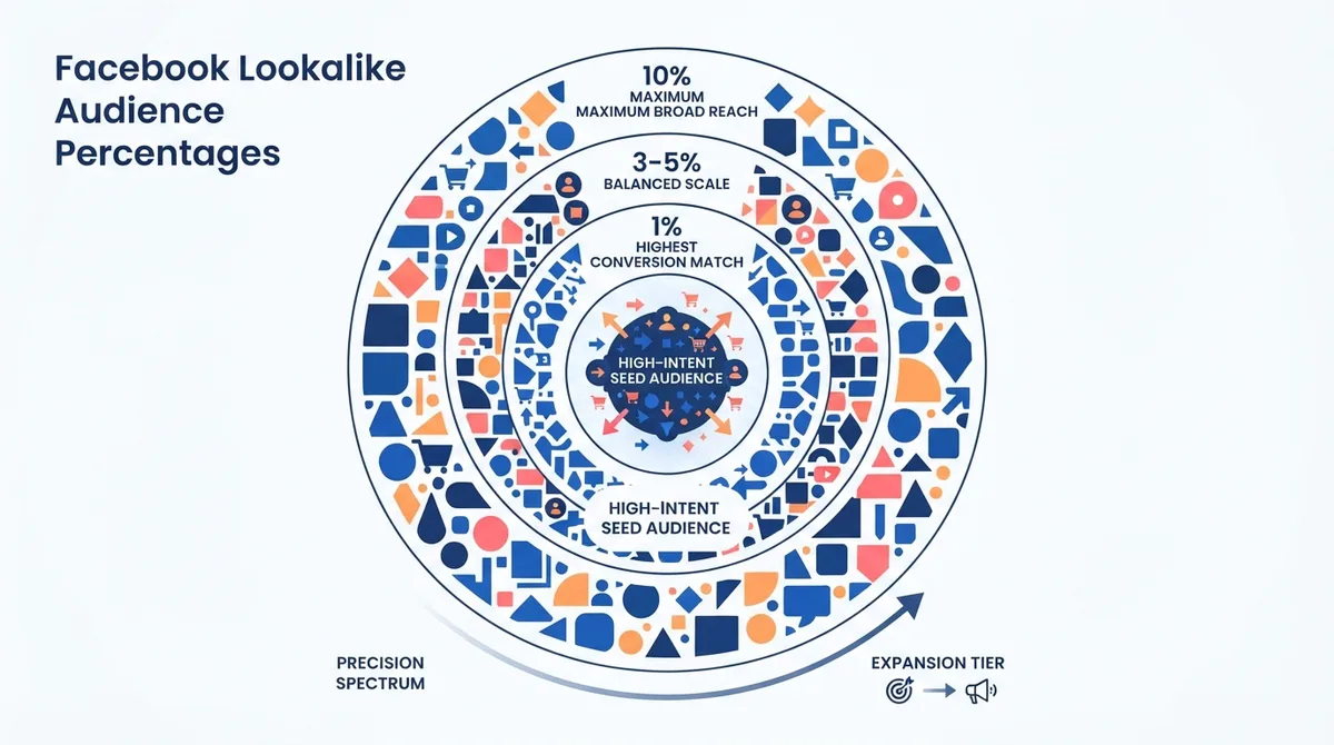 Concentric precision tiers of Facebook lookalike audience percentages from 1% highest conversion match to 10% maximum broad reach