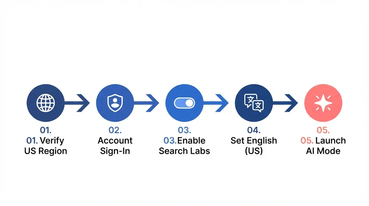 Step-by-step process flow to turn on Google AI Mode in Search Labs