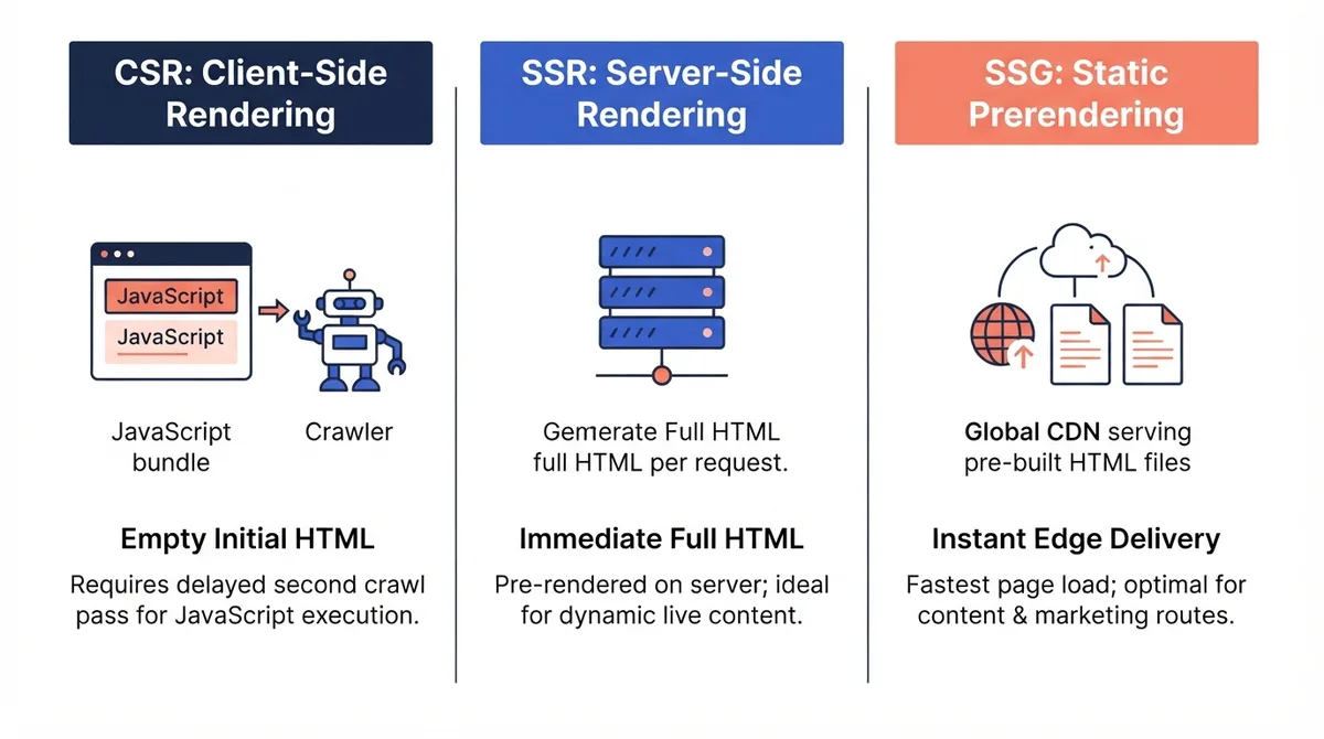 Architectural comparison of CSR, SSR, and SSG rendering strategies for SPA SEO