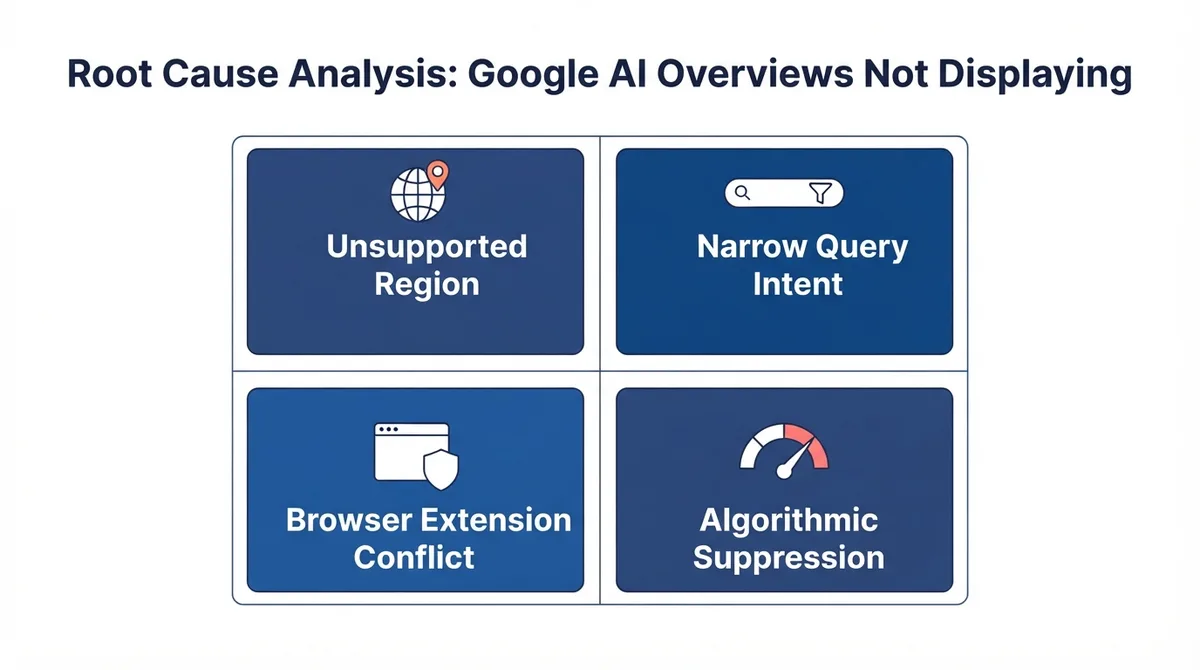 Root cause analysis matrix for why Google AI Overviews are not displaying