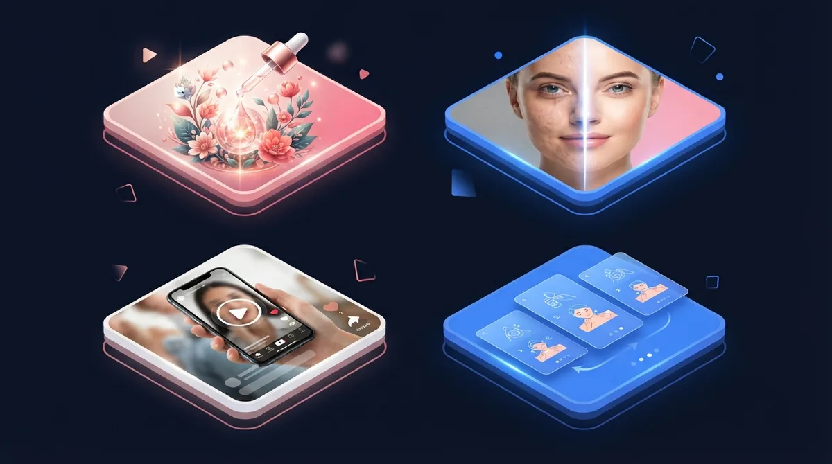 Matrix of top trending beauty ad formats on Meta including ingredient stories, split-screen, UGC, and carousels