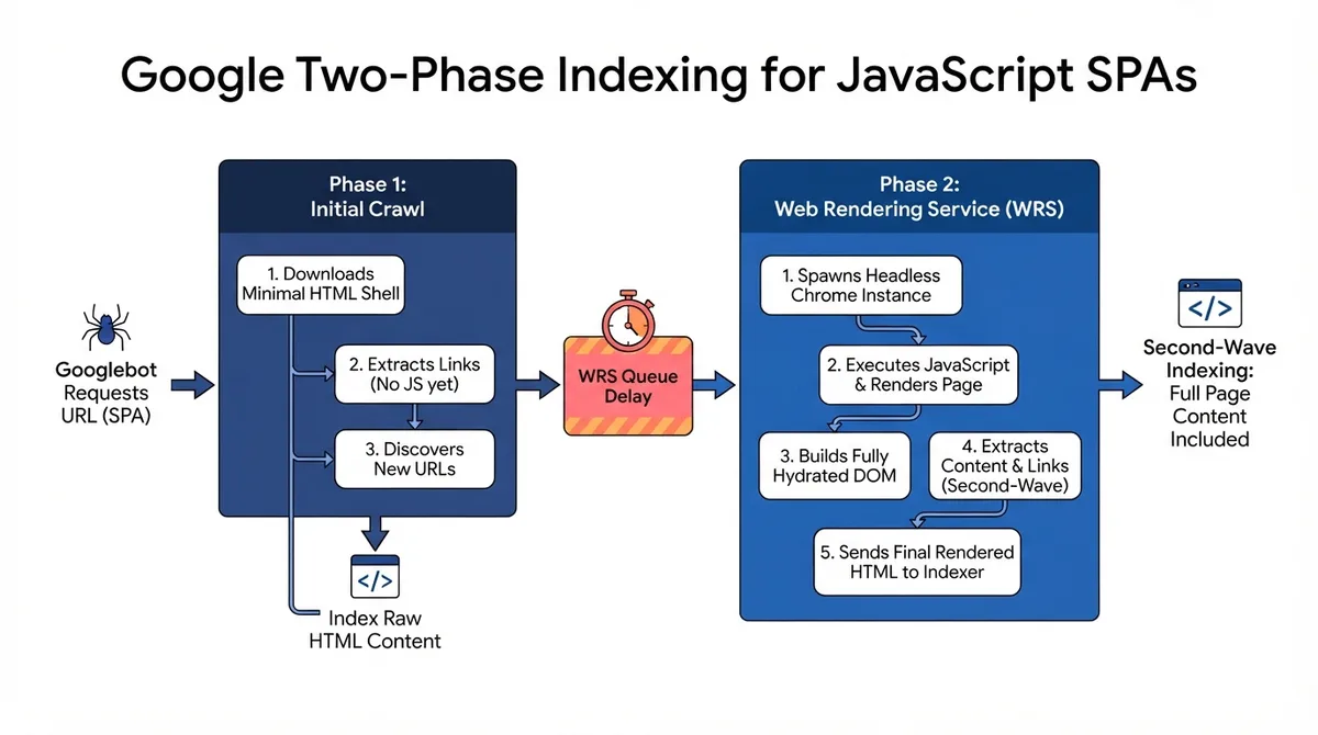 Google two-phase indexing pipeline for JavaScript SPAs: Initial Crawl shell extraction versus Web Rendering Service delay and second-wave indexing