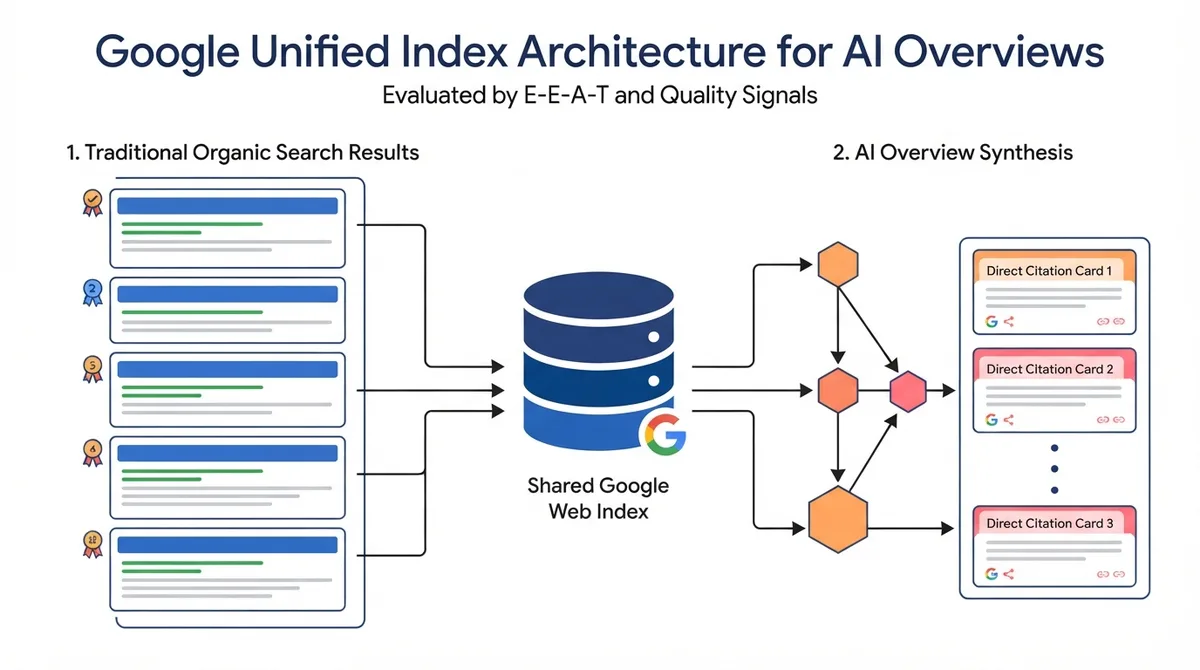 Google Unified Index Architecture for AI Overviews showing a shared web index and E-E-A-T signals powering both organic search results and AI overview synthesis