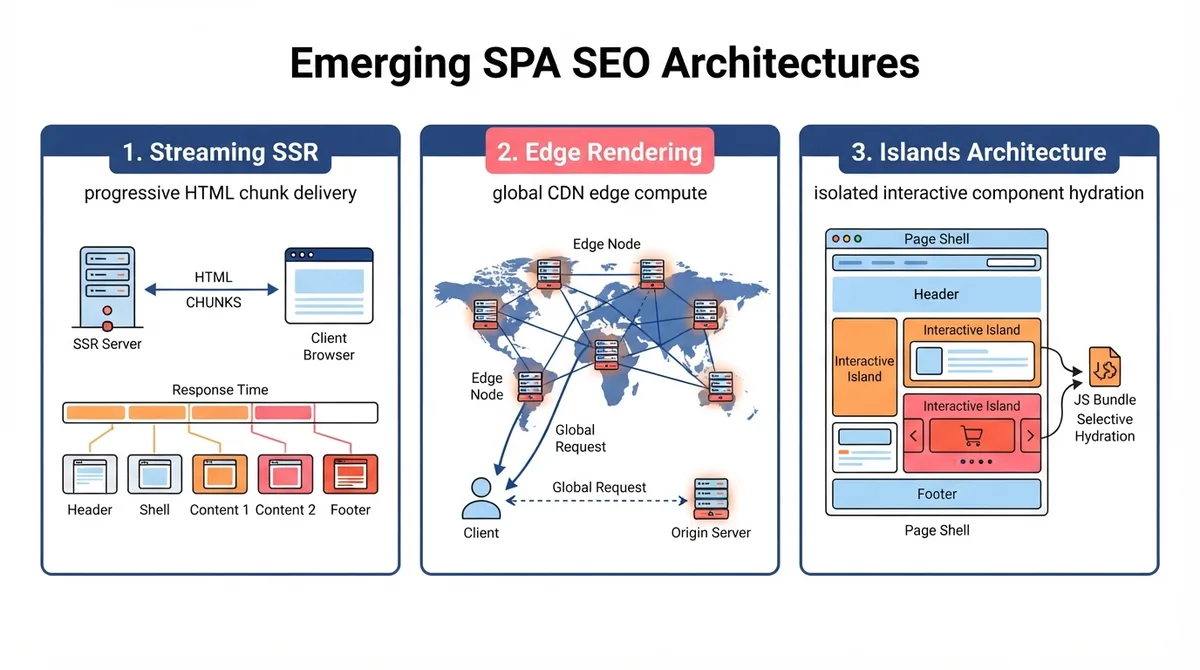 Emerging SPA SEO architectures: Streaming SSR, Edge Rendering, and Islands Architecture with partial hydration