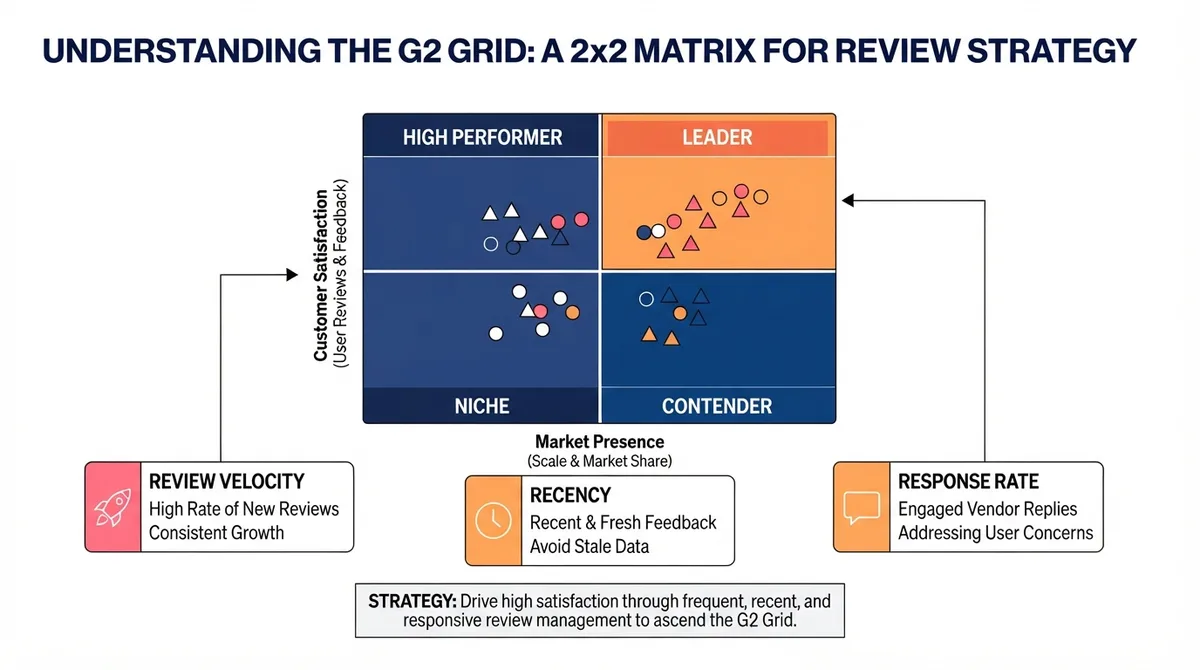 Understanding the G2 Grid: A 2x2 matrix mapping Market Presence versus Customer Satisfaction across Leaders, High Performers, Contenders, and Niche quadrants