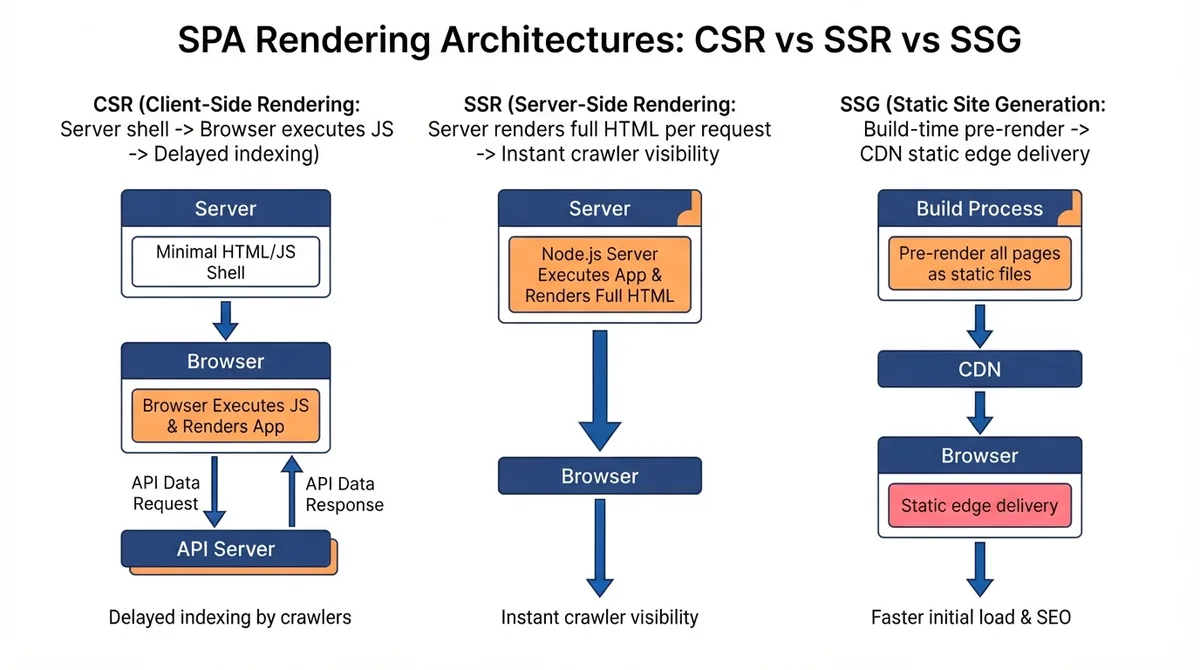 Comparison of SPA rendering architectures: Client-Side Rendering (CSR), Server-Side Rendering (SSR), and Static Site Generation (SSG)