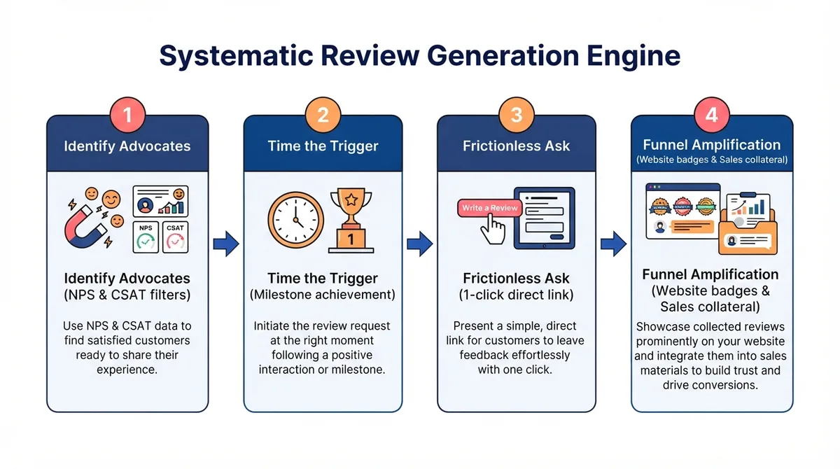 Four-stage systematic review generation engine flowchart: identify advocates, time the trigger, frictionless ask, and funnel amplification