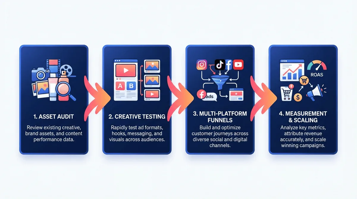 Four-step digital advertising growth framework for beauty brands: Asset Audit, Creative Testing, Multi-Platform Funnels, and Measurement & Scaling