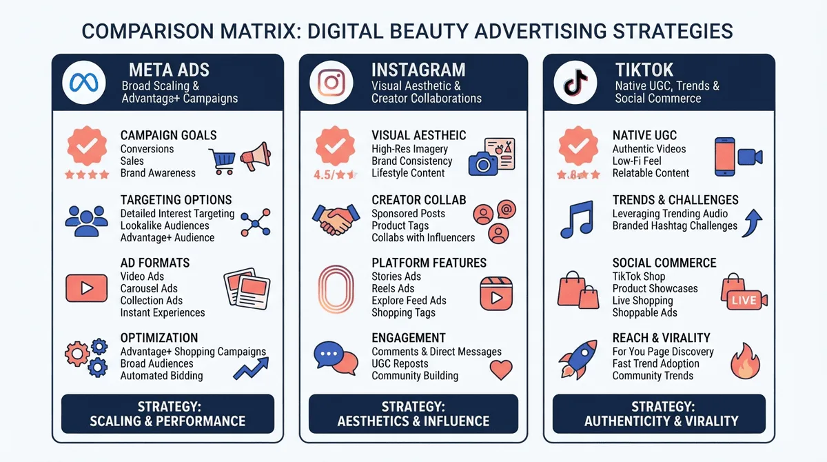 Comparison matrix of beauty advertising strategies across Meta Ads, Instagram, and TikTok