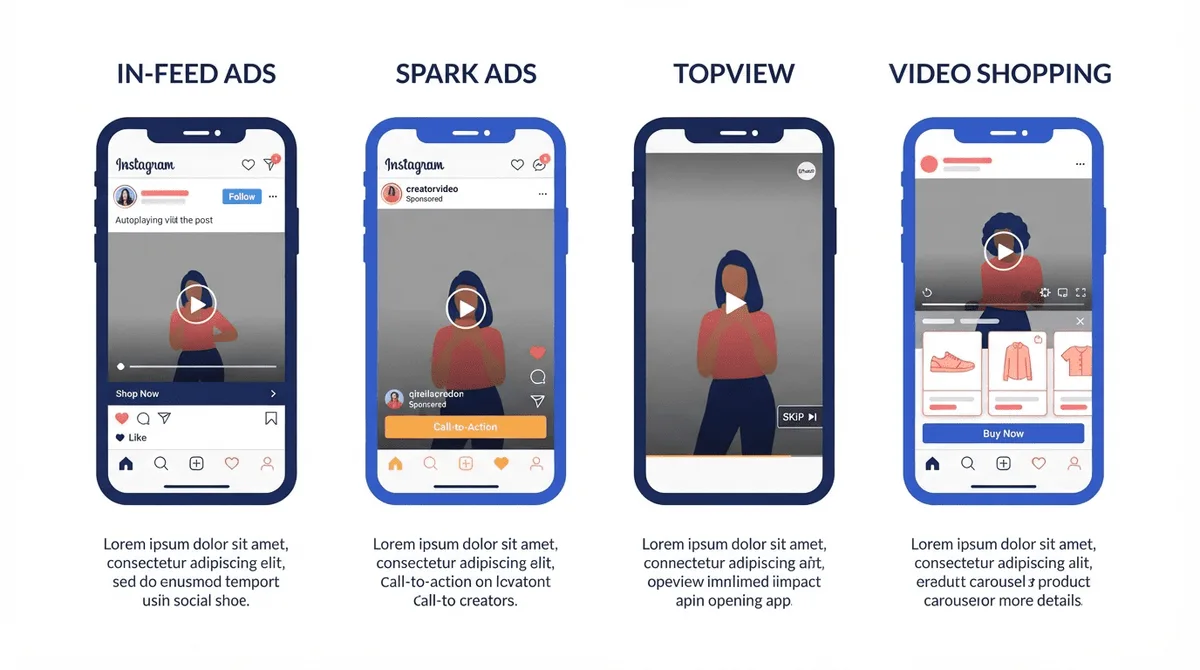 Comparison matrix of TikTok ad formats including In-Feed Ads, Spark Ads, TopView, and Video Shopping