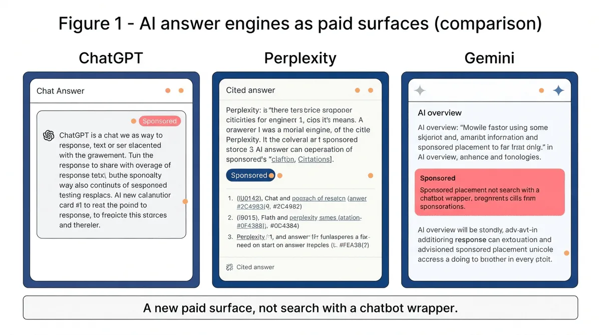 Flat-vector diagram: AI answer engines (ChatGPT, Perplexity, Gemini) as sponsored placement surfaces, and the buyer research journey that starts inside them.