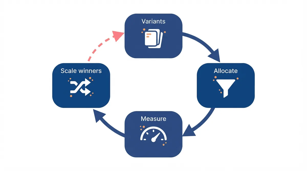 Flat-vector diagram: the creative and measurement loop (or testing cadence) sized to an early-stage startup budget.