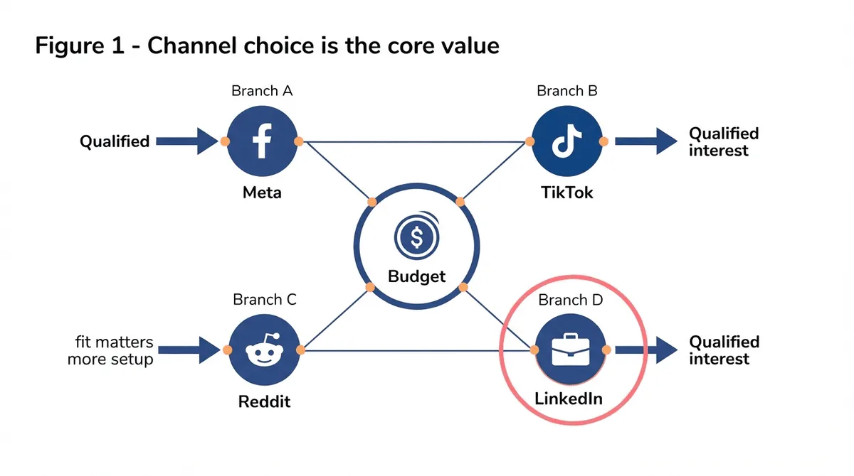 Flat-vector diagram: AI answer engines (ChatGPT, Perplexity, Gemini) as sponsored placement surfaces, and the buyer research journey that starts inside them.