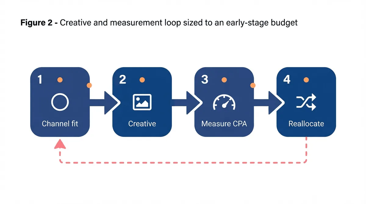 Flat-vector diagram: the creative and measurement loop (or testing cadence) sized to an early-stage startup budget.