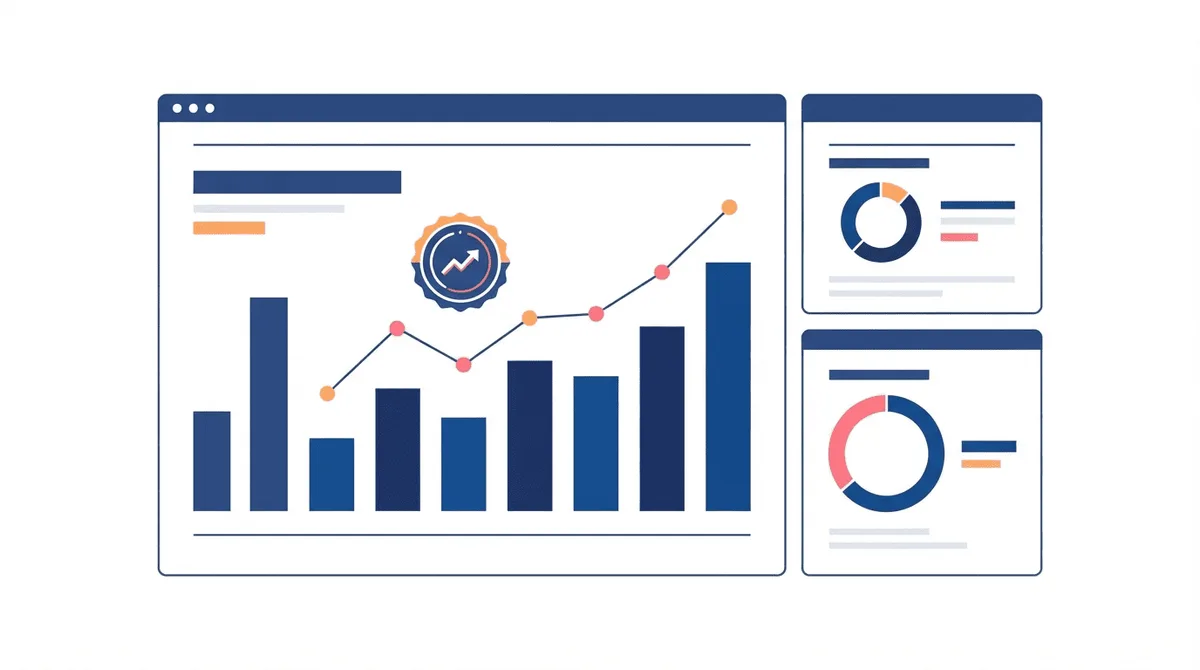 Flat-vector analytics panel showing top-performing TikTok ad metrics as bars and a rising trend line.