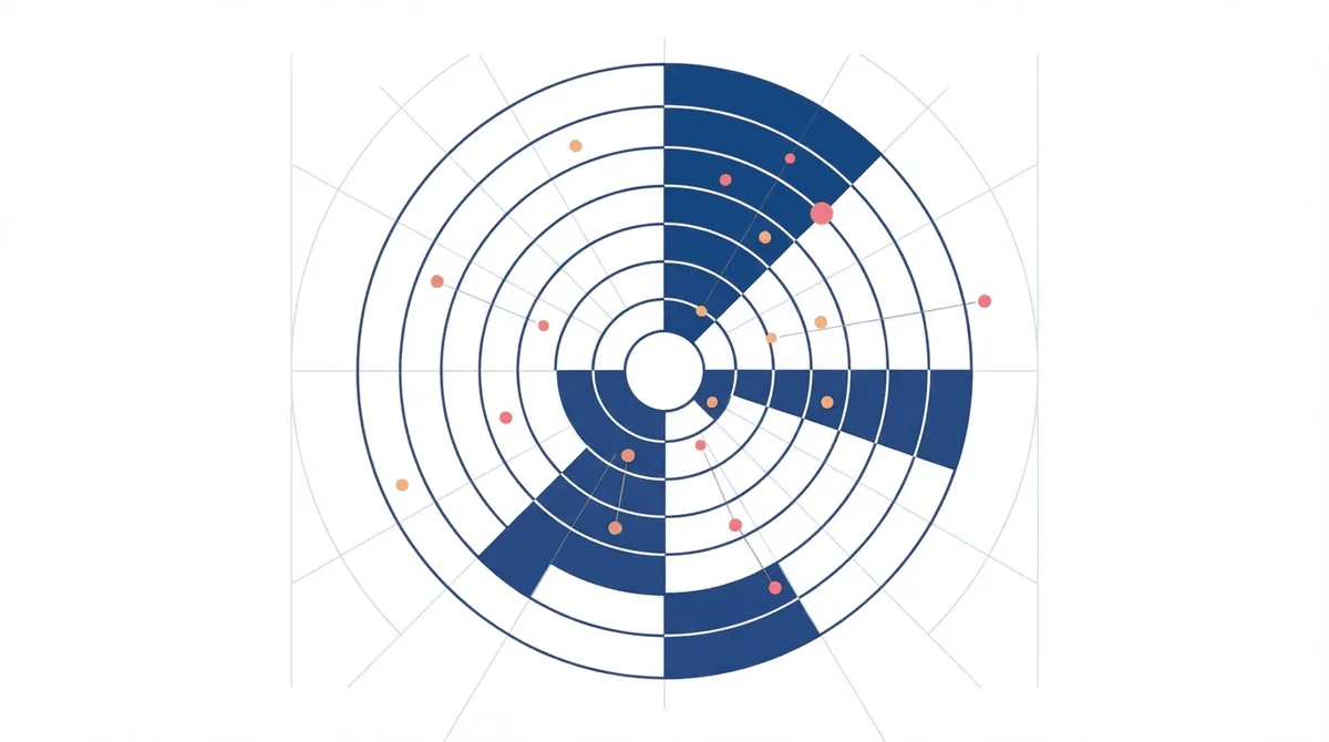 Flat-vector GEO monitoring radar with beacon dots marking brand mentions across an AI-search field.
