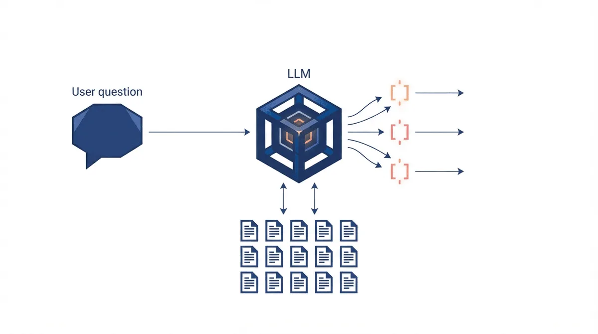 Flat-vector flowchart of an LLM retrieval step: a question flows into a model cube that pulls source chunks and emits highlighted citations.