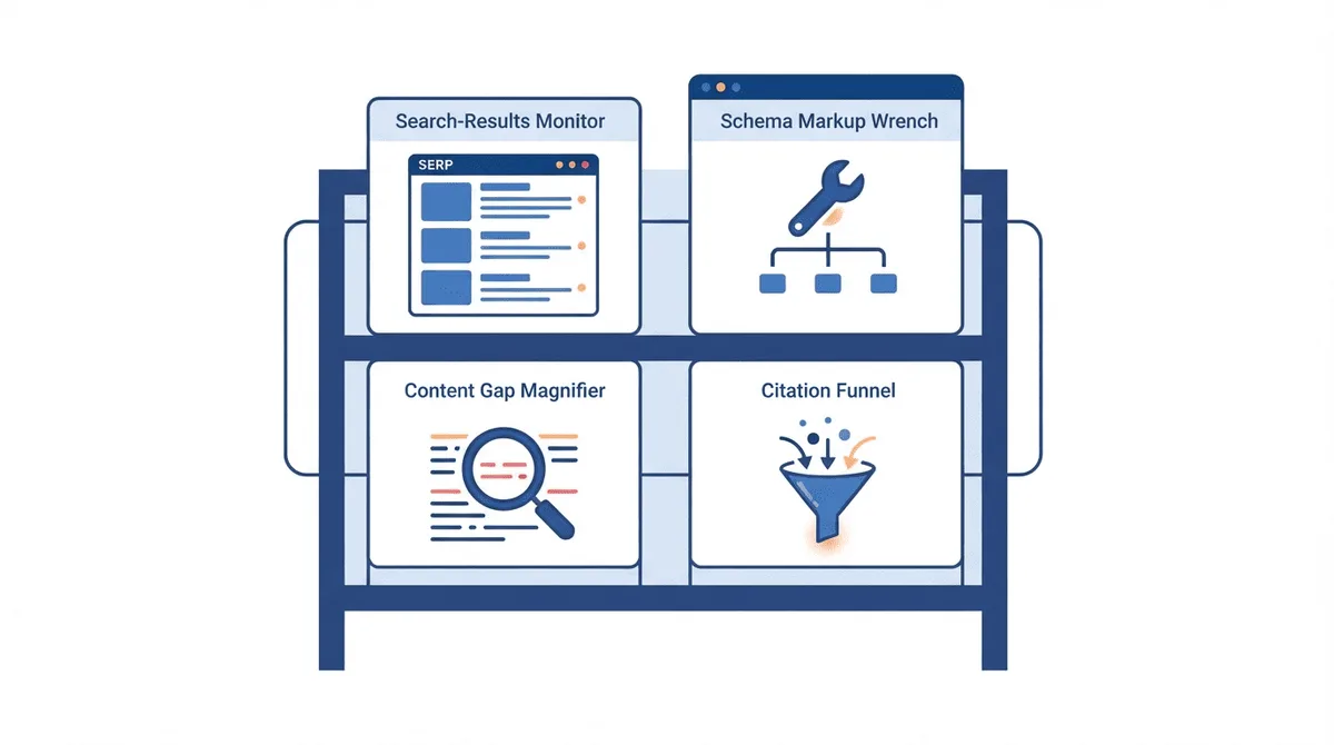 Flat-vector flatlay of an AEO toolkit: a search-results monitor, a schema-markup wrench, a content-gap magnifier, and a citation funnel arranged as modular tiles.