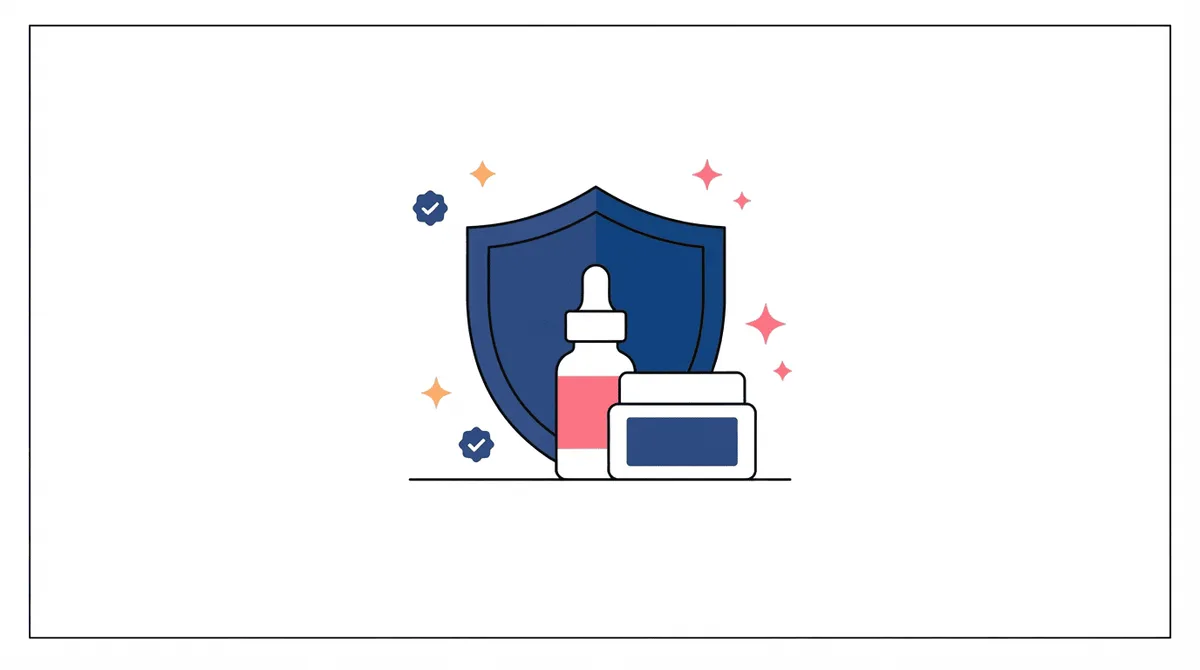 Trust-building skincare ad creative: a shield guarding serum and jar symbols of product credibility.