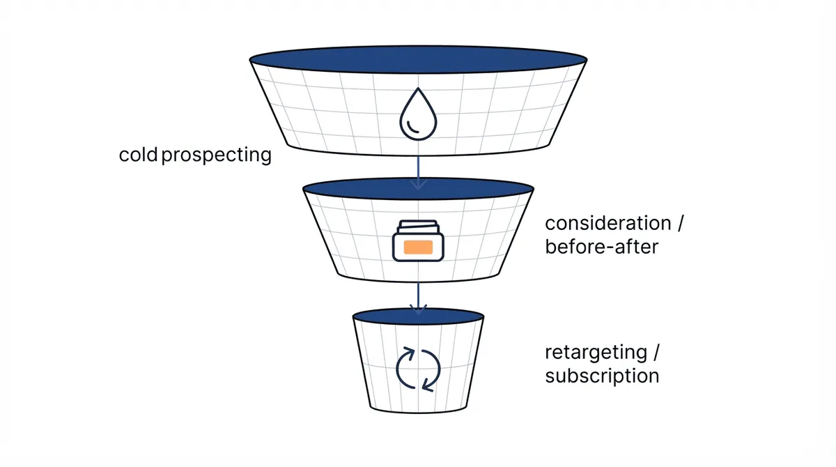 Three-stage skincare Facebook funnel: cold prospecting, consideration, retargeting and subscription.