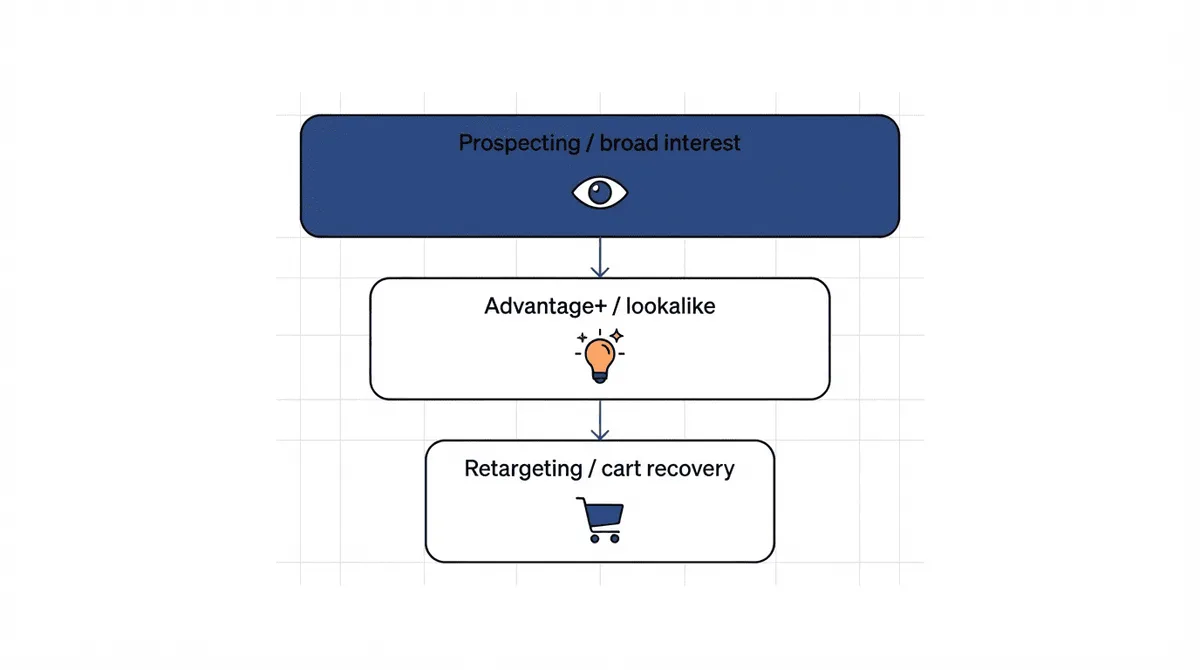 Three-tier Meta campaign structure for beauty brands: prospecting, Advantage+ lookalikes, and retargeting.