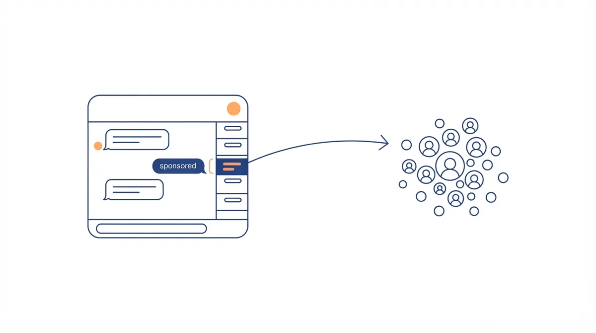 Conceptual diagram: a Telegram sponsored message inserted into a public channel feed reaching a targeted subscriber audience.