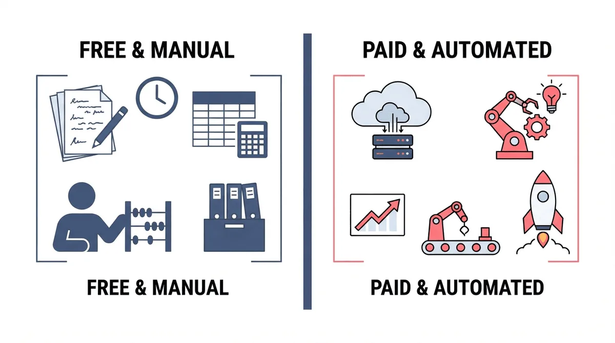 Comparison of free manual versus paid automated AEO tooling