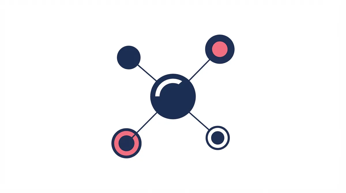 Conceptual flat-vector network graph of AI Overviews appearance: a central hub connected by hairline lines to satellite nodes, in the stackmatix navy and warm-accent house style.