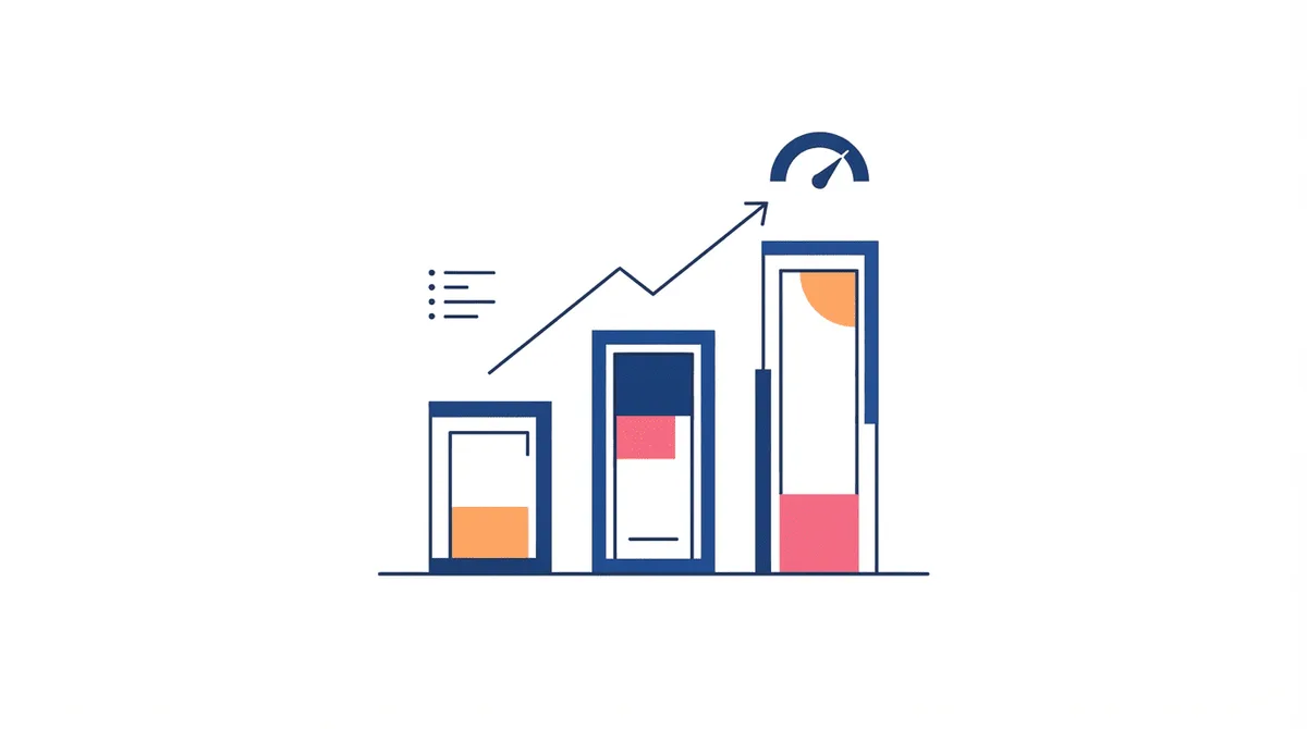 Conceptual flat-vector illustration of Meta advertising cost pillars: budget allocation shown as three bars of varying height flowing into a performance gauge, in the stackmatix navy and warm-accent house style.