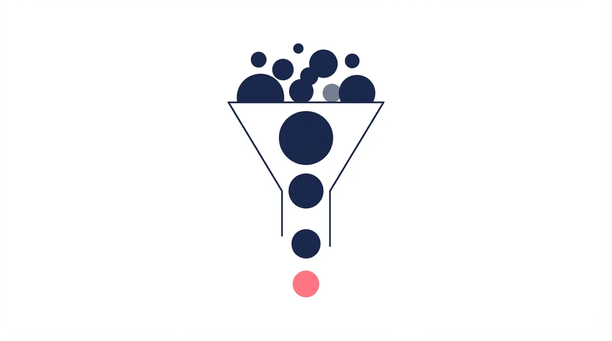 Conceptual flat-vector selection funnel for finding the right TikTok creators: circles of decreasing size cascading through a funnel, one highlighted in a warm accent, stackmatix house style.