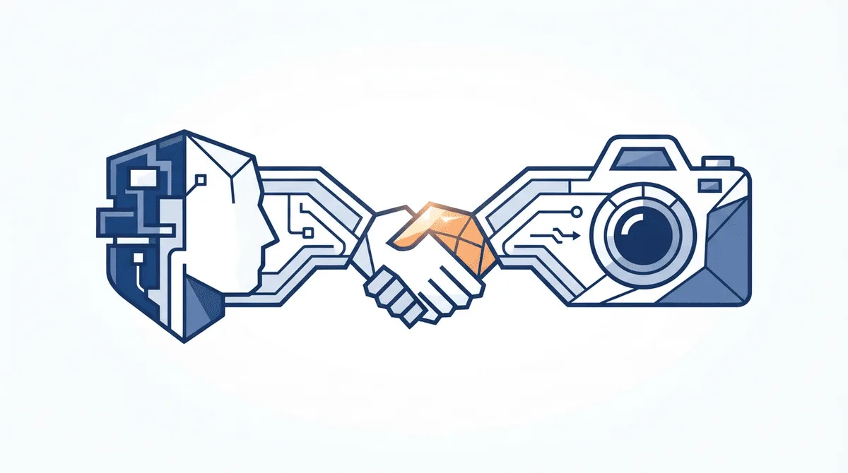 Conceptual flat-vector illustration of a brand-creator partnership bridge joining two profile nodes, in the stackmatix house style with a warm-accent join point.