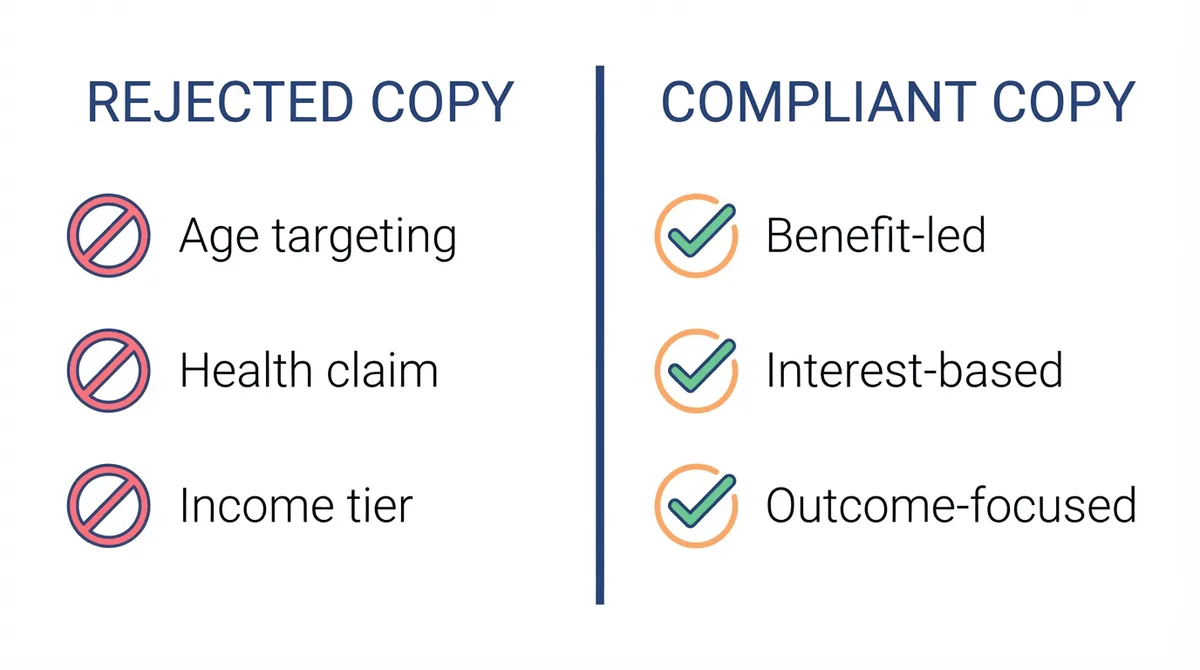 Comparison of rejected vs compliant Meta ads copy under the personal attributes policy