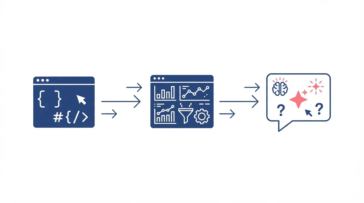 Flat-vector flow showing web data moving through analytics into AI-generated answers.