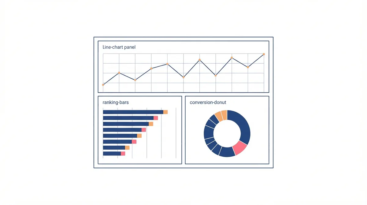 Flat-vector concept of an SEO analytics dashboard: one framed panel split into a line chart, ranking bars, and a conversion donut with warm-accent data points.