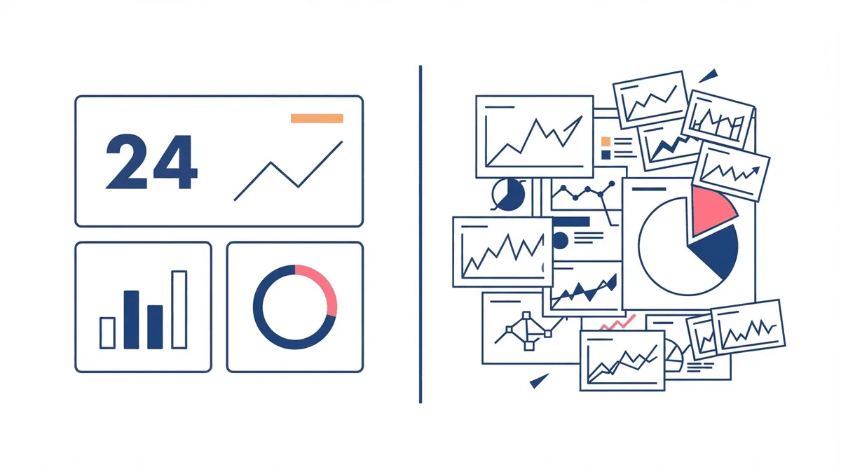 Flat-vector comparison of dashboard design: a tidy aligned three-panel dashboard beside a cluttered overlapping one, split by a thin navy divider.