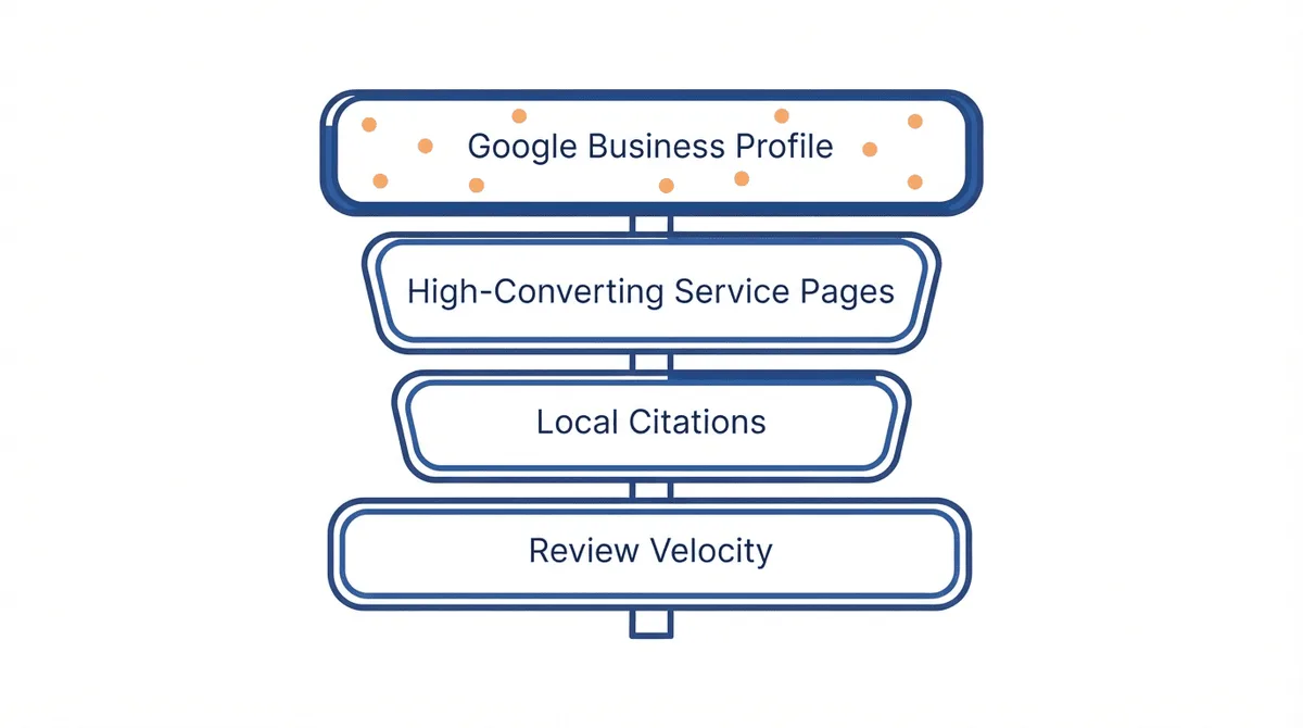 Flat-vector diagram of a landscaping SEO tactic stack: four layered bars from Google Business Profile down to review velocity, navy outlined with warm-accent highlights.