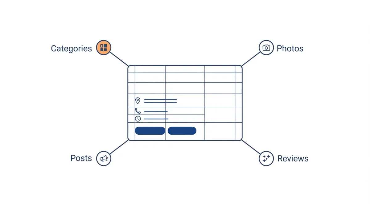 Flat-vector diagram of a Google Business Profile essentials framework: a central card linked by thin lines to four connector nodes for categories, photos, posts, and reviews.
