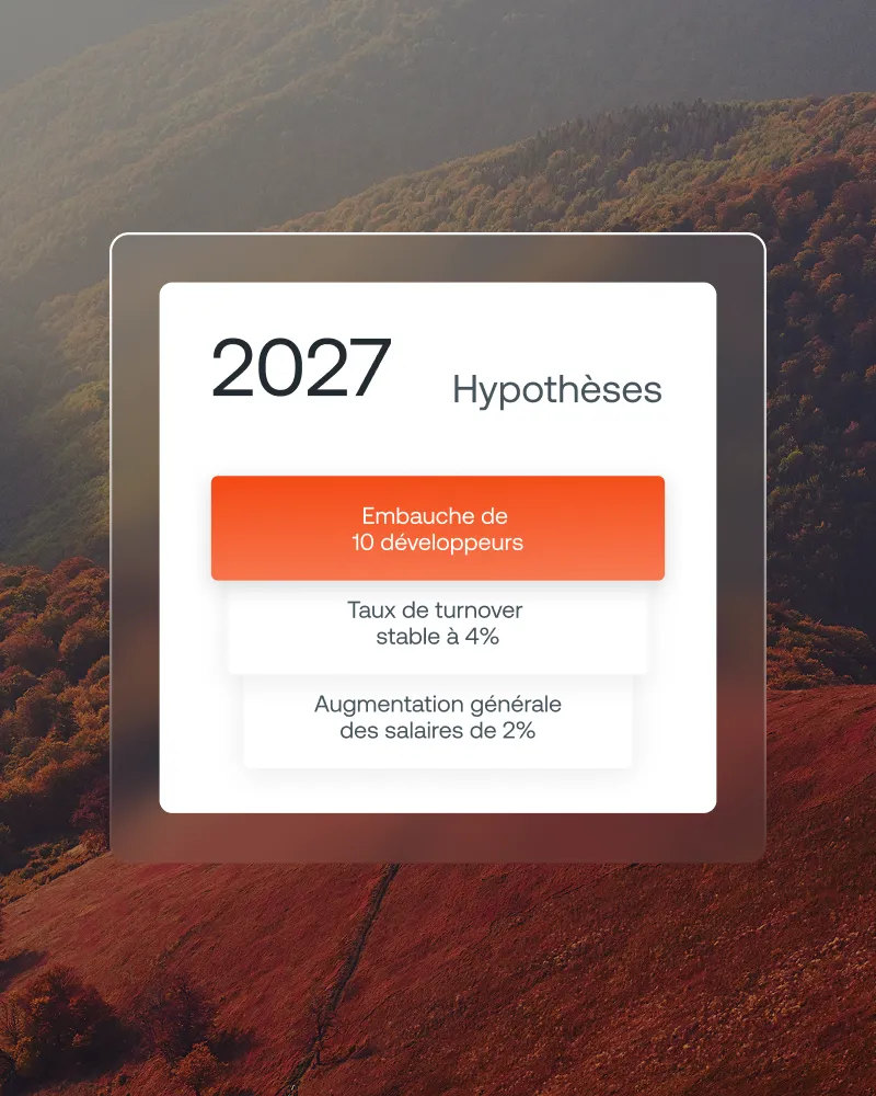 Hypothèses 2027 : embauche de 10 développeurs, turnover stable à 4%, augmentation des salaires 2%.