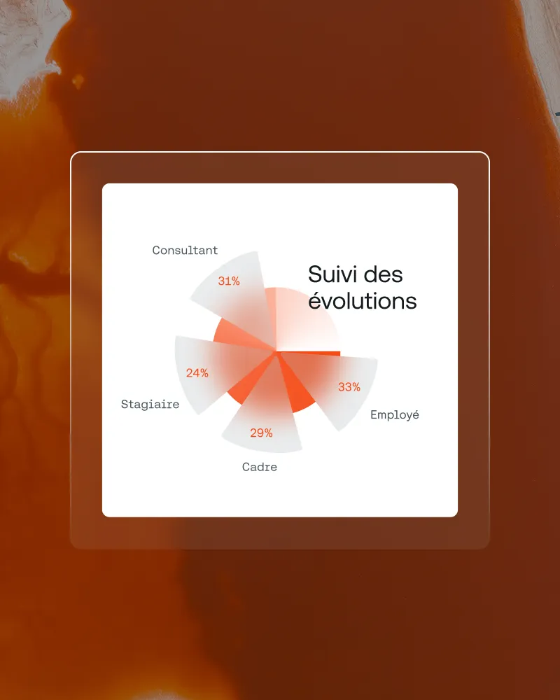 Graphique en éventail montrant suivi des évolutions par Employé 33%, Consultant 31%, Cadre 29%, Stagiaire 24%.