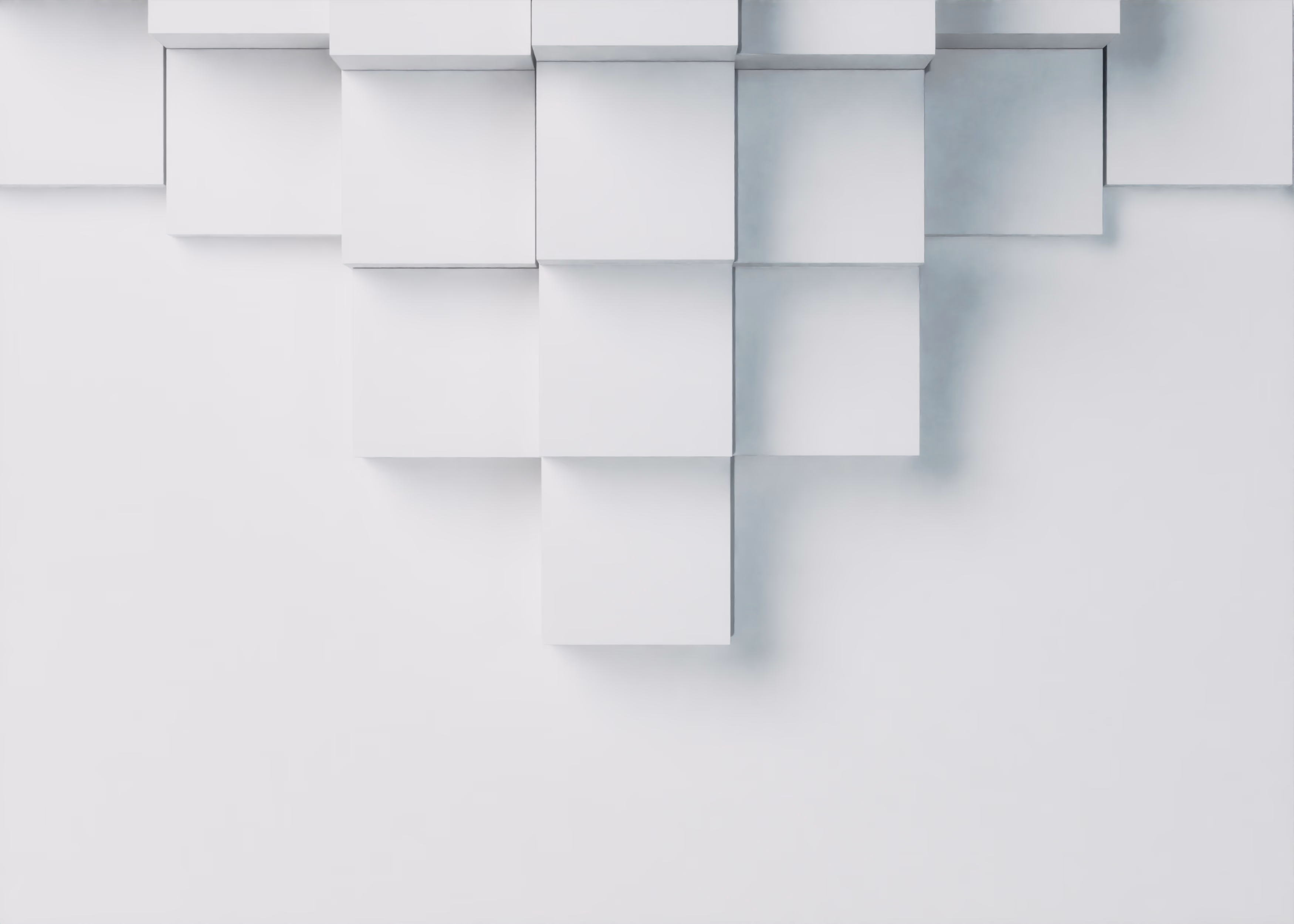 Motif abstrait minimaliste avec rangée de cubes blancs en relief sur fond blanc.