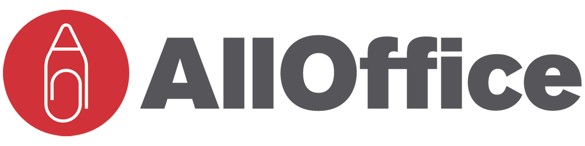 Logotyp för All Office med en vit penna-ikonen på röd bakgrund till vänster och texten All Office i grått till höger.