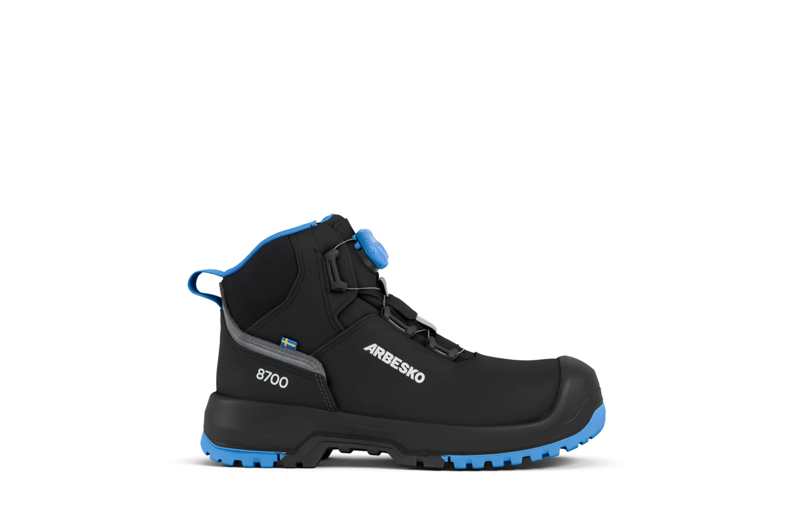 The Arbesko Kiruna 8700 safety boot in black with blue details, seen from the side.