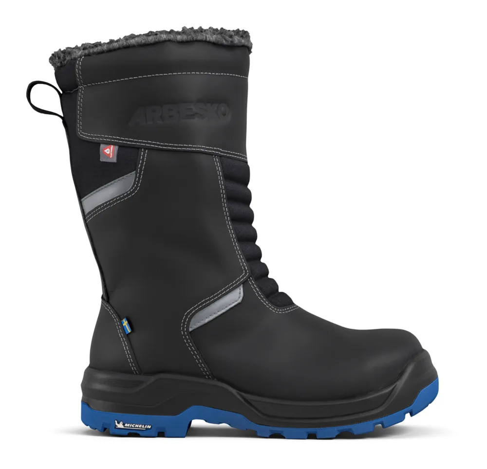 The Arbesko Kiruna 837 high-leg safety boot in black leather with a blue sole and lined collar, seen from the side.