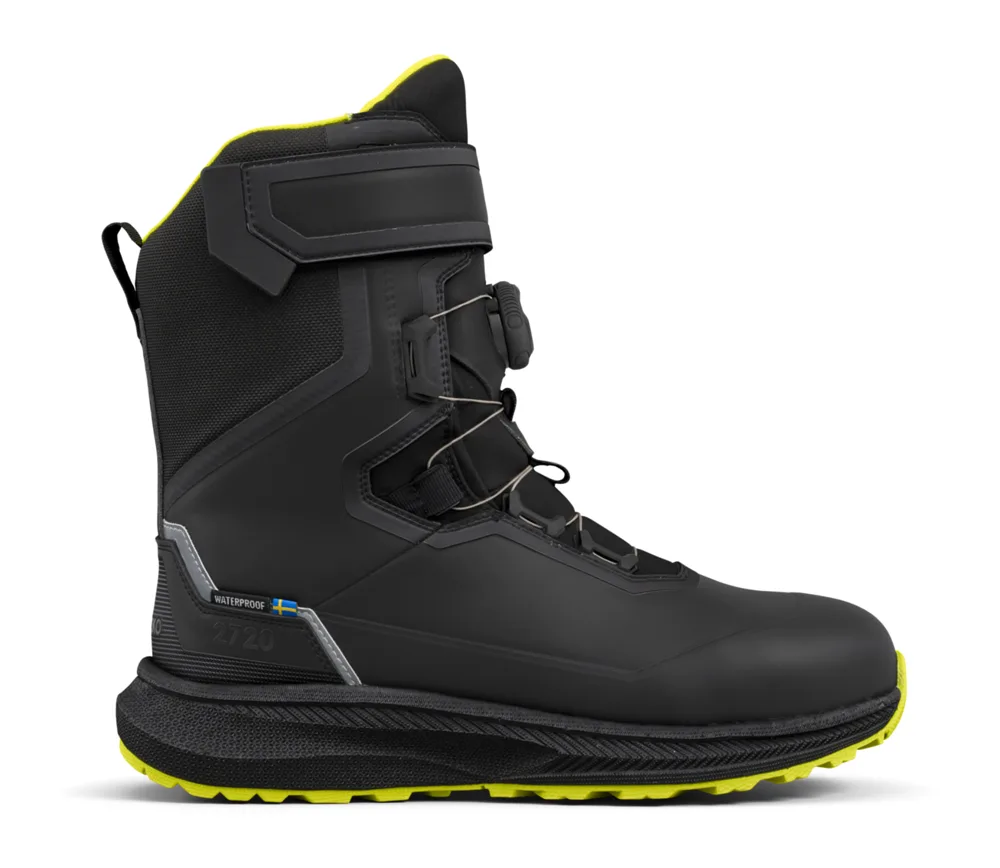 The high Arbesko Tech 2720 safety boot in black with a lime-green sole, the BOA® Fit System and a hook-and-loop strap, seen from the side.