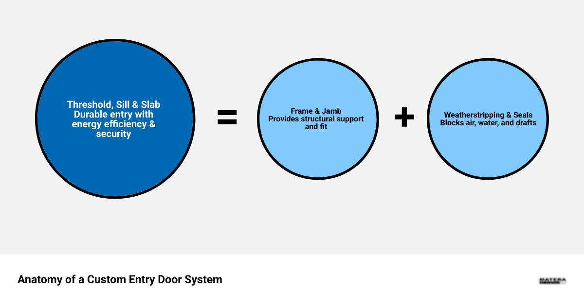 Anatomy of a custom entry door system showing frame, weatherstripping, threshold, sill, jamb, and slab components - Custom