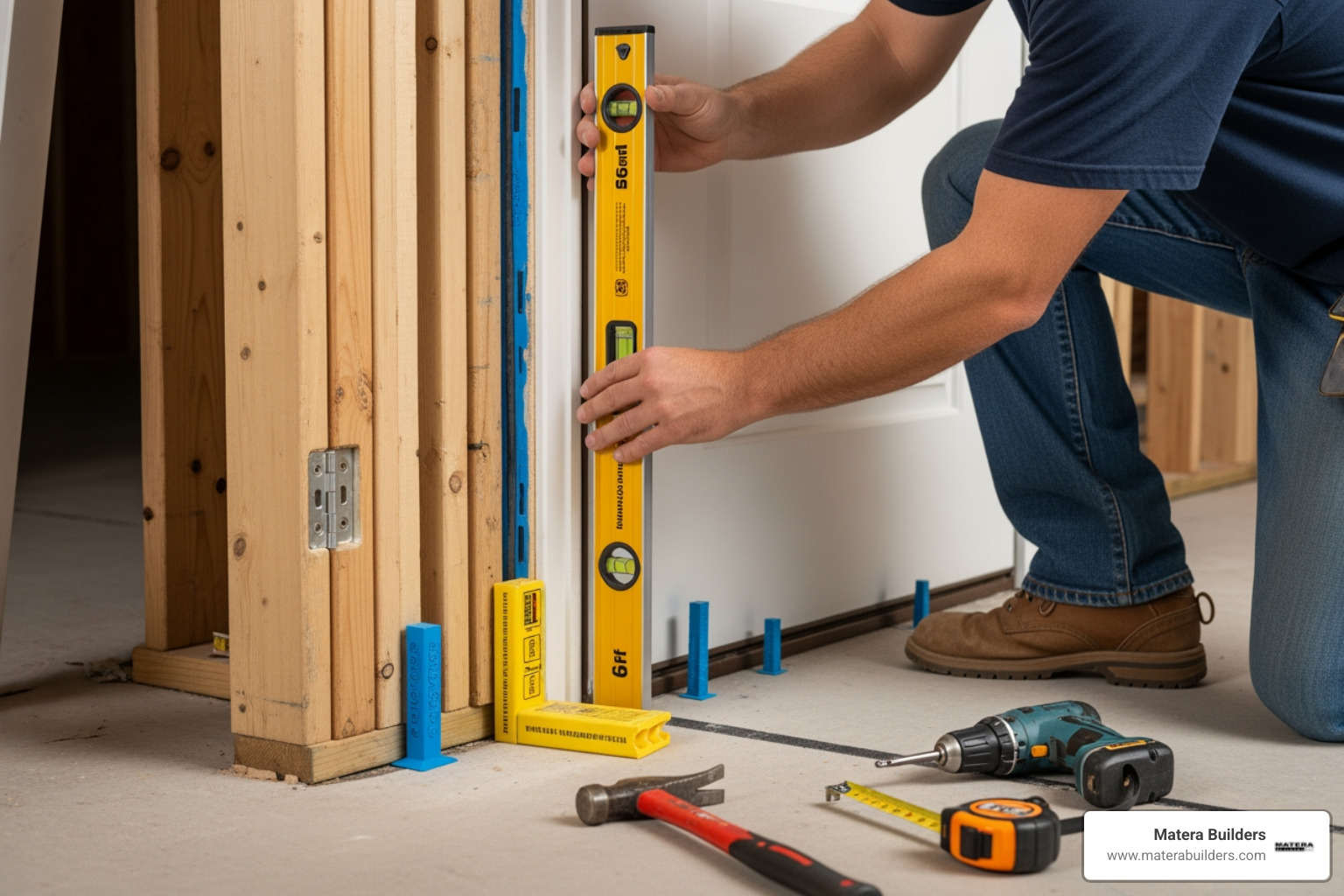 Professional door leveling using a 6-foot level to ensure the hinge jamb is perfectly vertical - Custom entry door